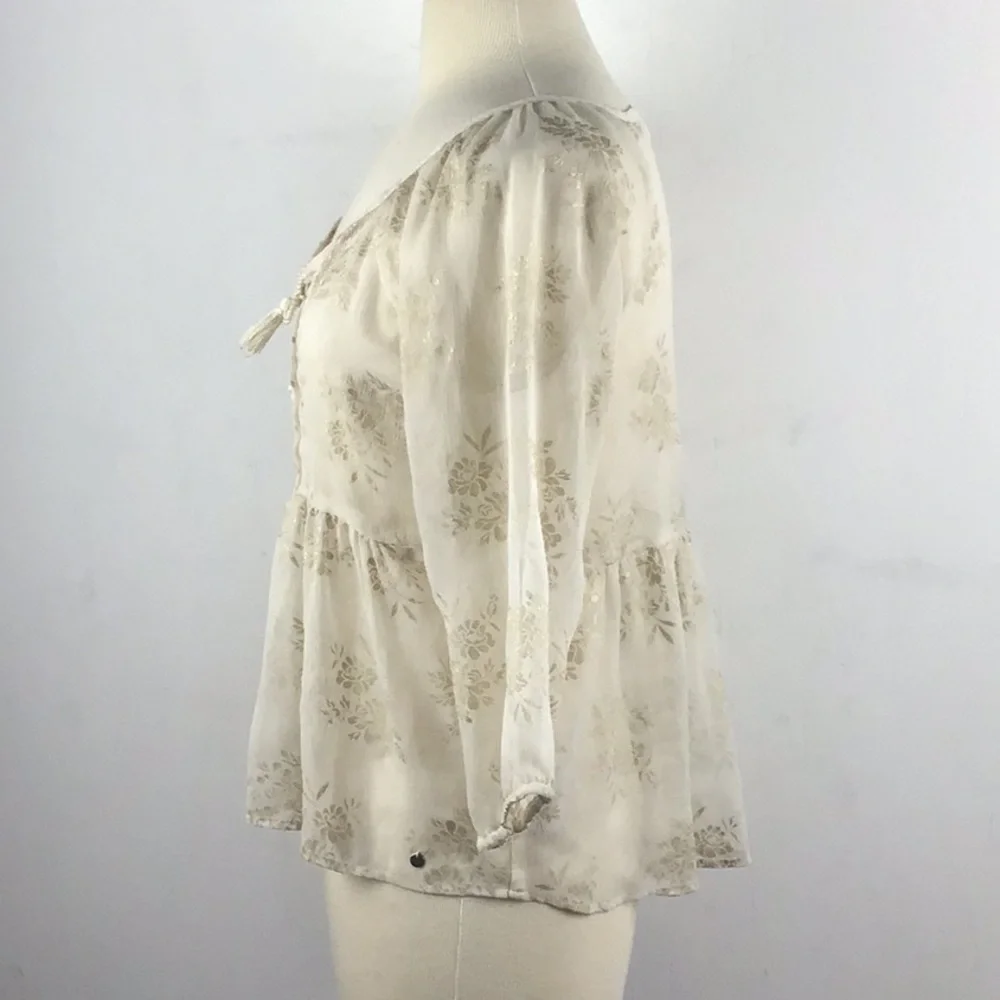 Abercrombie & Fitch boho sheer babydoll puff sleeve gold print blouse sz small.